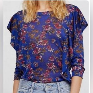 Free People Blue Ruffle 3/4 Sleeve Top